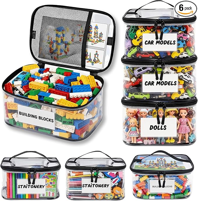 6 Pack Clear Toy Storage Bags with Tag and Manual Pocket – Versatile Waterproof Organizer Bags for Lego Bricks, Board Games, Building Blocks, Puzzles, Dolls, Books (X-Large Size, Black)