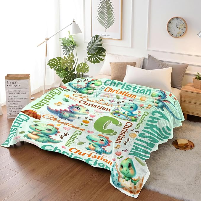 Personalized Custom Green Dinosaur Blanket Gifts for Kids Boys Girls with Name - Customized Green Dinosaur Super Soft Lightweight Flannel Sheets Decor for Crib Nap Couch - 60"x80" for Adult