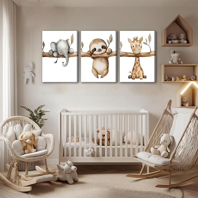 3Pcs Nursery Animal Canvas Wall Art Safari Nursery Poster Prints Jungle Kids Painting Cute Animal Elephant Sloth Giraffe Artwork Picture Wall Decor for Boys Room Girls Room 12x16in Framed