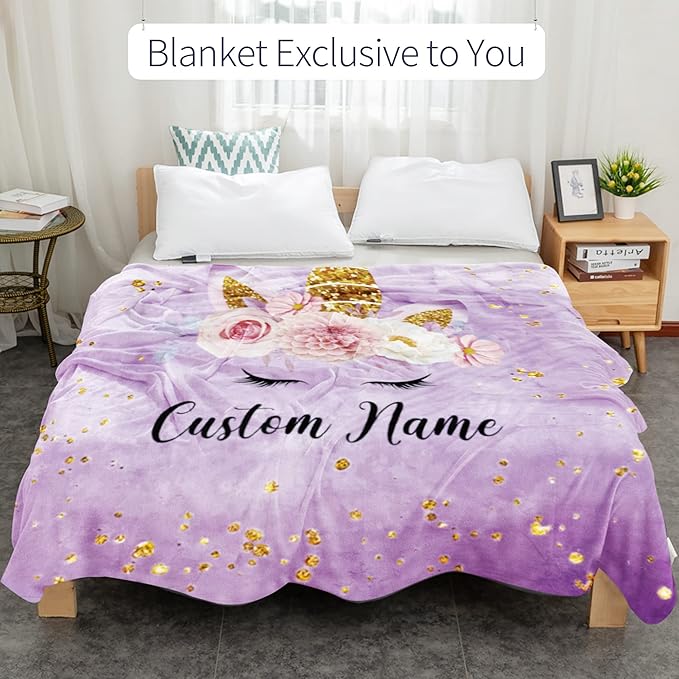 Personalized Unicorn Blanket with Name for Girl, Custom for Kids, Soft Flannel Purple Toddler Customized Gift for Birthday Christmas Baby Shower Newborn 30'' X 40'', 30''x40'' for baby