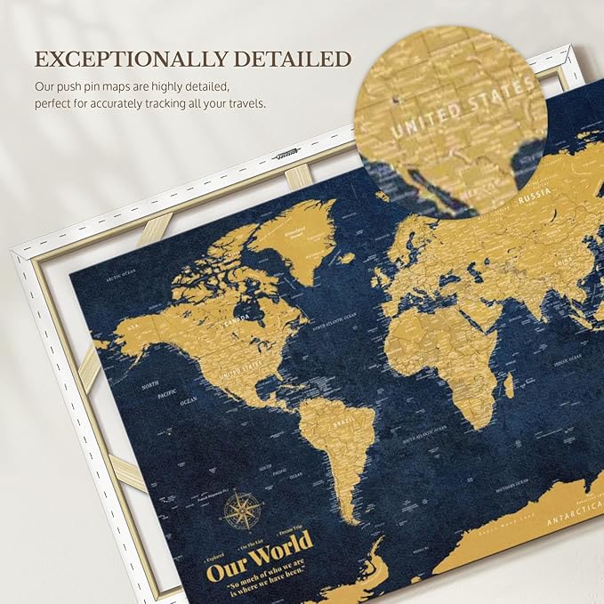 ElephantStock - Personalized Push Pin World Map - Gold Wall Art - Horizontal Canvas Wall Art - Living Room Wall Decor - Digital Art Map Canvas Art - Orange And Blue Decor - 39" x 26"