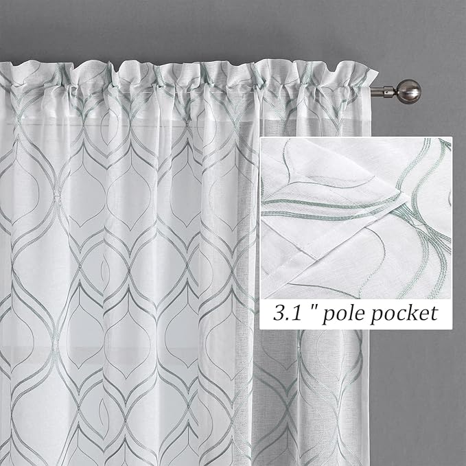 VISIONTEX White Sheer Curtains 63 Inch Length 2 Panels Set Green Moroccan Embroidered Curtains Trellis French Textured Rod Pocket Voile Tulle Semi Window Drapes for Bedroom Living Room 54 x 63 Inches