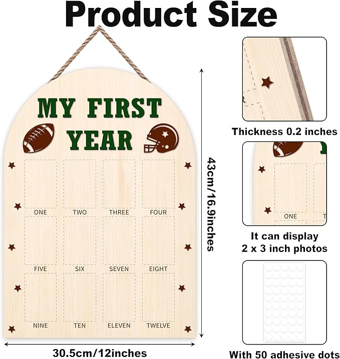 My First Year Photo Board, Football Baby's First Year Photo Frame 12 Monthly Milestone Picture Frame, Gift for Newborn Baby 1st Birthday Memories Nursery Decoration -05