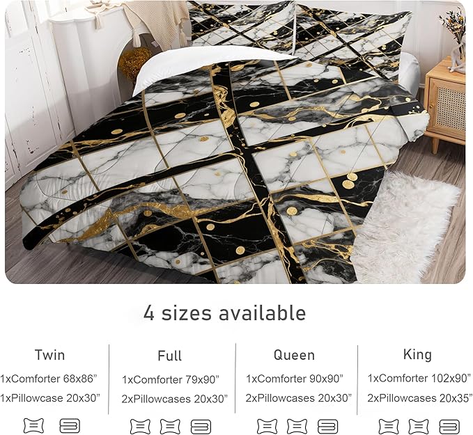 Geometric Marble Comforter Set: Full Size White Black and Gold Bedding Sets Rhombus Geometry Abstract Marbling Quilt 3PC Bed Set 1 Comforter & 2 Pillowcases