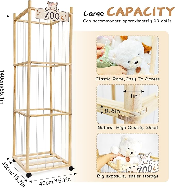 Wooden Stuffed Animal Storage Zoo Organizer - Large Capacity Plushies Holder with Elastic Cords for Stuffed Animals Storage in Playroom, Bedroom and Nursery
