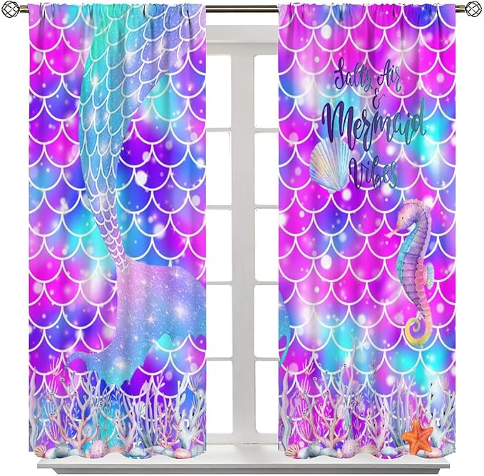 Dream Mermaid Curtains for Kids Boys Girls Ocean Theme Colorful Rainbow Fish Tail Blackout Window Treatment for Bedroom Nursery Room Decor Window Drapes 55" W X 63" L