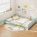 KOMFOTT Queen Size Wood Floor Bed with Door & Fence, Montessori Bed Frame with Full Length Safety Guardrails, Door & Latch, Wooden Montessori Floor Bed for Kids, Girls, Boys (Queen,Light Green)