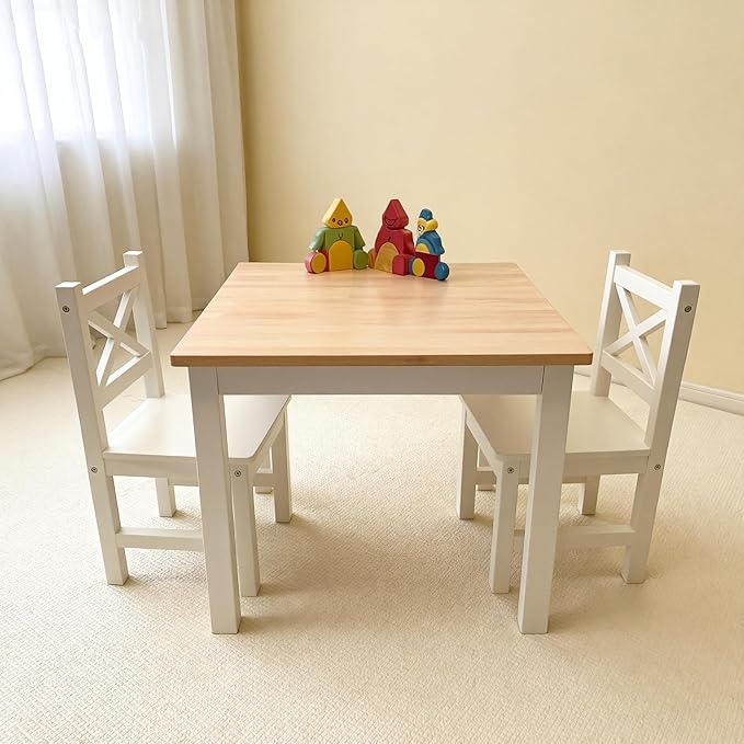 PETIT BATEAU Solid Wood Kids Table and 2 Chairs Set,Montessori Modern AMMEHOELA Irish Designer for 2-8 Years Toddler,SereneWhite Gift