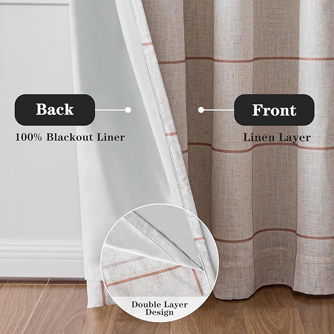MYSKY HOME 100% Blackout Plaid Farmhouse Linen Curtains 90 Inch Long 2 Panels Set for Living Room Double Layer Checkered Drapes Thermal Insulated Privacy Protection Rod Pocket Back Tab, 52" W, Tan