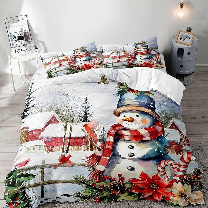 LUVIVIHOME 3PCS Cute Snowman Duvet Cover Full Bedding Set, Christmas Bedding, Red Bird Cardinal Poinsettia Winter Holiday New Year Xmas Gifts Christmas Comforter Bedspread Quilt Cover, 2 Pillow Shams