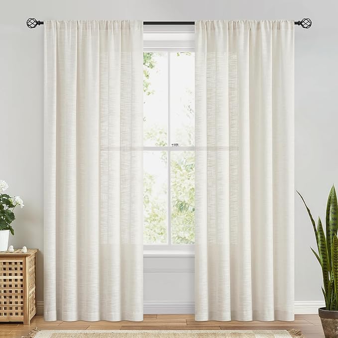 FMFUNCTEX Linen Semi Sheer Natural Curtains for Bedroom Living Room, Beige Curtain Panels 84 Inches Long Sheer Linen Textured Window Drapes Farmhouse Light Filtering 2 Panels Rod Pocket