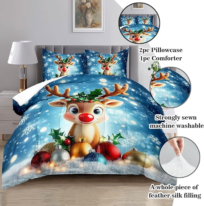 Raphus cucullatus Christmas Bedding Full,Reindeer Christmas Decor Comforter Set,Holiday Bedding Winter Quilt,Snowflake Navidad Comforter Set Full,Cute red Nose Reindeer Quilt