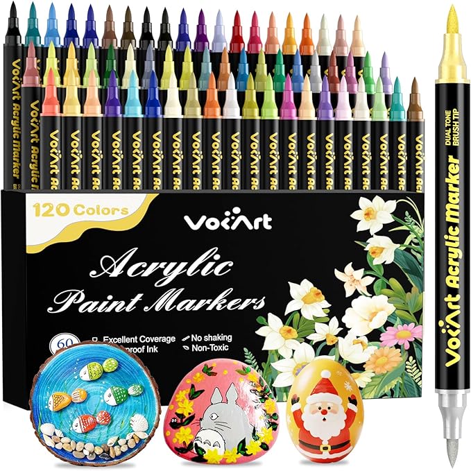 120 Colors Acrylic Paint Markers - 60 Dual Tip Brush Tip Acrylic Paint Markers Pens for Rock, Canvas, Ceramic, Wood, Glass, Paper - DIY Art Supplies for Artists, Kids, Adults, Holiday Decorations