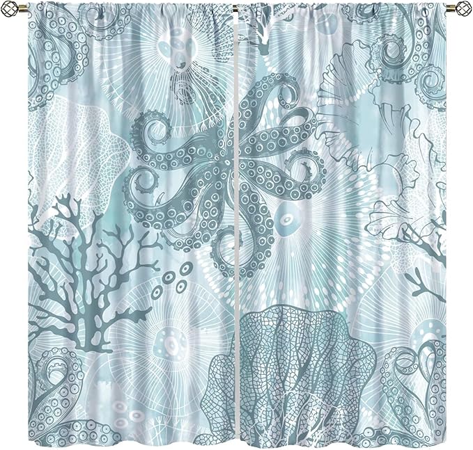 Coastal Window Curtains,Nautical Beach Themed Thermal Insulating Blackout Curtain for Living Room, Bedroom Set 2 Panels,52x84 Inches