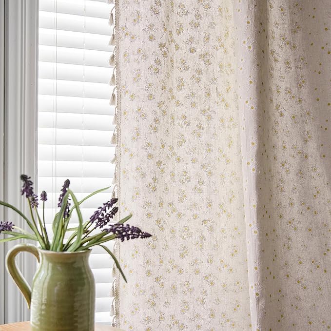 ENJOYBRIDAL Floral Curtains 63 Inch Length 2 Panels Short Drapes Tassel Rod Pocket Semi-Sheer Boho Daisy Bedroom Living Room Farmhouse Rustic Bohemian Window Curtain Panels