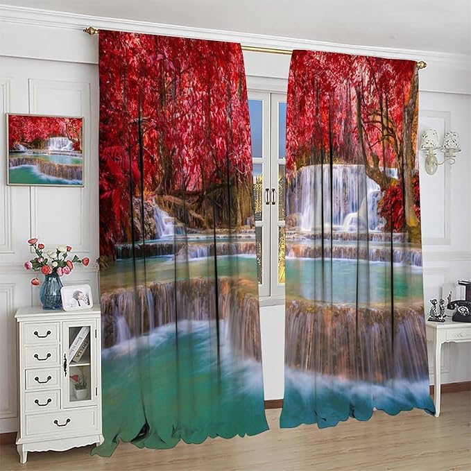 Natural Landscape Waterfall Blackout Curtains, Scenic View Waterfall Forest Autumn Window Drapes, for Bedroom Living Room 63" W X 63" L