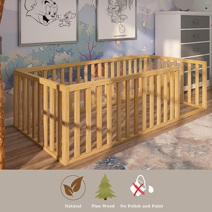 Montessori Floor Bed for Kids 52x27,5'' | Toodlers Floor Bed with Safety Guardrails | Pine Wood Baby Bed | Sturdy Wood Frame Bed for Girls and Boys (Crib, Height : 17 Inches)