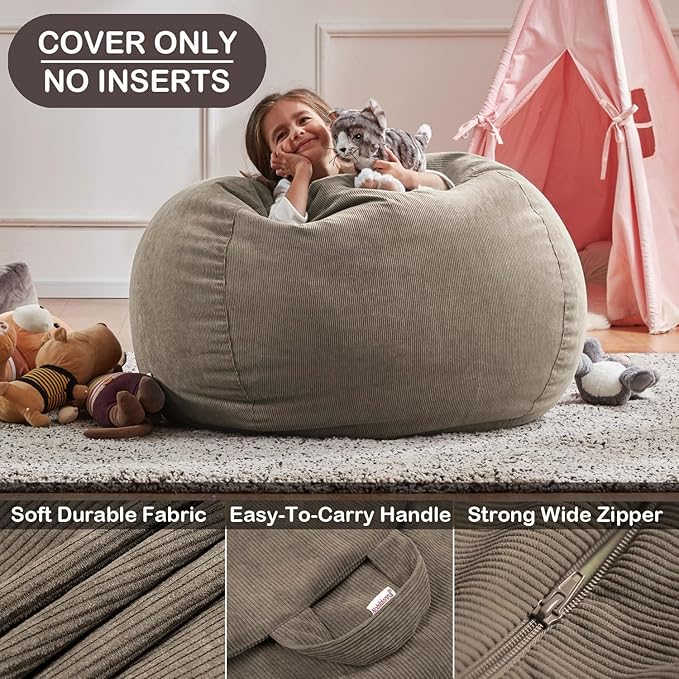 Nobildonna 3 ft Bean Bag Chair Cover (No Filler) 35"×43" Large Stuffed Animal Storage Bean Bag Washable Big Beanbag Chair Cover Premium Corduroy Bean Bag Cover for Adults,Kids,Light Brown 300L