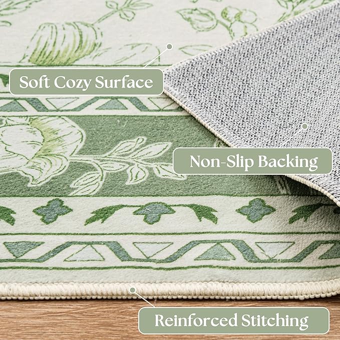 Green and Cream Area Rug 3x5 for Entryway Machine Washable Small Rug for Indoor Kitchen Bedroom Low Pile Vintage Peony Floral Print for Dining Living Room Non-Slip Sage Light Green Boho Decor