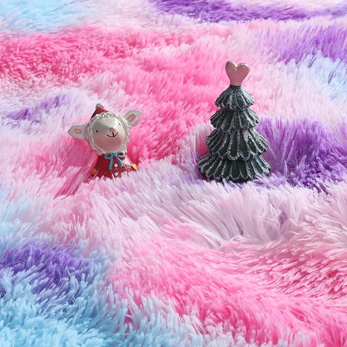 Amdrebio Hot Pink Rainbow Round Circle Area Rug 5Ft for Girls Bedroom, Fluffy Cute Fuzzy Colorful Pastel Kids Rugs for Nursery Playroom Classroom, Unicorn Shag Princess Carpet for Baby Toddler Teen