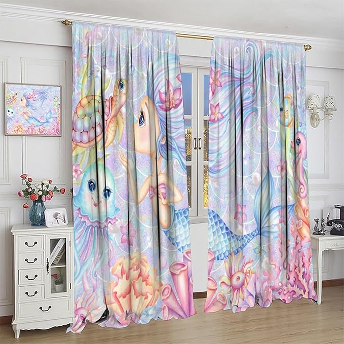 Mermaid Curtains for Girls Children Pink Sea Animal Mermaid Coral Bedroom Curtains for Living Room Room 63x63 Inch