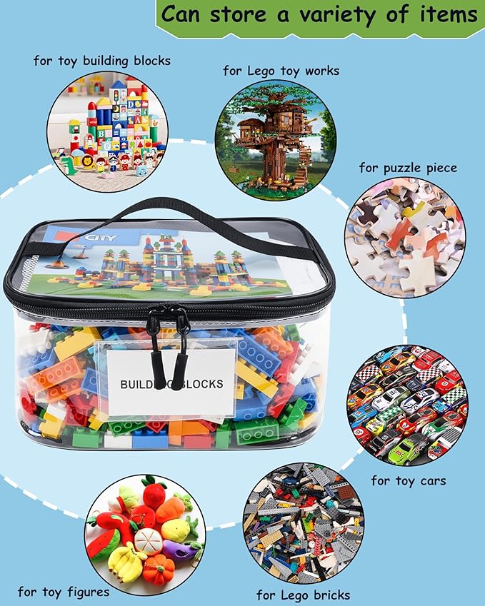 6 Pack Clear Toy Storage Bags with Tag and Manual Pocket – Versatile Waterproof Organizer Bags for Lego Bricks, Board Games, Building Blocks, Puzzles, Dolls, Books (X-Large Size, Black)