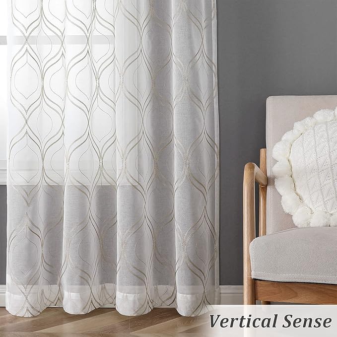VISIONTEX White Sheer Curtains 72 Inches Long 2 Panels Set Brown Moroccan Embroidered Curtains Trellis French Textured Rod Pocket Voile Tulle Semi Window Drapes for Bedroom Living Room 54 x 72 Inches