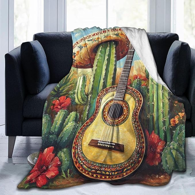 Western Guitar Blanket Cactus Decor Throw Blanket Super Soft Flannel Lightweight Fluffy Plush Cozy Fuzzy Fleece Cowboy Gifts Blanket for Kids Boys Adults Man for Bed Sofa 60"X80"