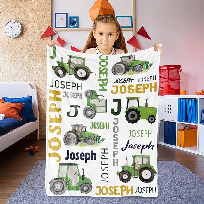 Personalized Tractor Blanket with Name for Baby Boys, Custom Name Blanket Trucks for Kid, Soft Flannel Toddler Blankets Customized Gift for Newborn Baby Shower Birthday-30 x40