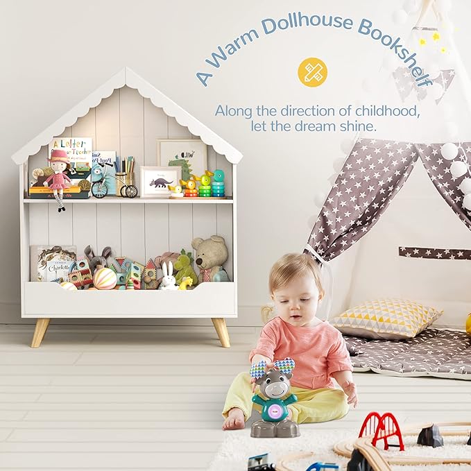 Curipeer Kids Dollhouse Bookshelf, Wooden Bookcase Storage with Motion-Activated Light, 2-Tier Open Display Organizer for Toys, Books, Baby Bookshelf for Birthday, Christmas, Classroom Storage, White