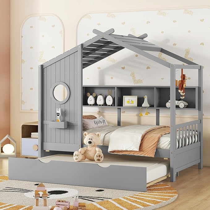 Twin Bed Frames for Kids, House Bed with Trundle and Shelves, Wood Playhouse Platform Bed Frame with Window and Fence for Boys Girls, Gray, 74.4" L x 42.7" W x 72" H