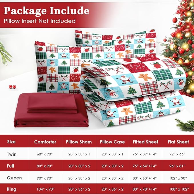 7 Pcs Queen Size Christmas Comforter Set with 2 Pillowcases & 2 Shams, Colorful Plaid Snowman Bedding for Kids and Adults, Cute Gingerbread Man Bed in a Bag with Flat Fitted Sheet