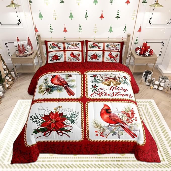 Christmas Comforter Set Toddler Size,Xmas Cardinals Floral Bells Checkered Bedding Set for Kids Girls Adult,Cute Bird Rustic Grid Watercolor Red Plaid Geometric Quilted Set with 1 Pillowcase