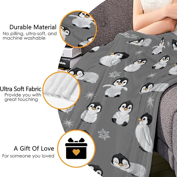 Thuswarm Cute Penguin Grey Flannel Throw Blanket Gifts Warm Cozy Soft Funny Print Blankets for Summer Room Decoration Bed Couch Sofa 80”×60” Large for Adult