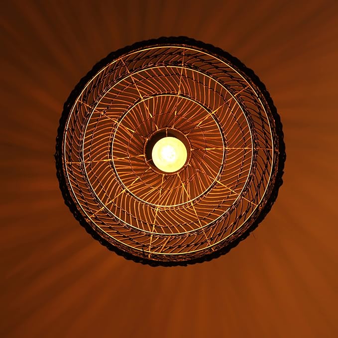 Bamboo Pendant Light Fixture Boho Style 1 Lights Rattan Pendant Lamp Woven Hanging Light for Kitchen Island Nursery in Black(13.7" W)