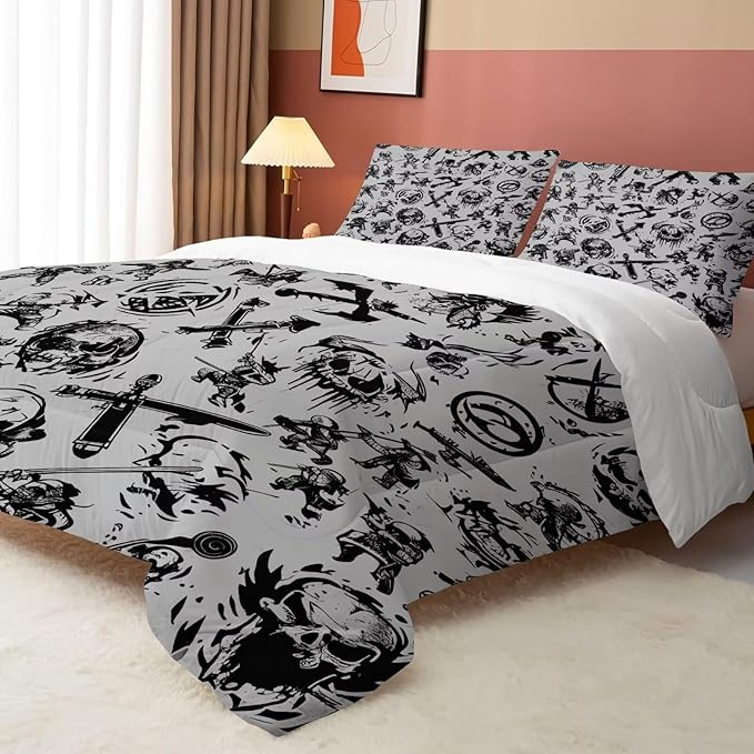 Grey Boys Comforter Set Twin: Nautical Pirates Skull Bedding Set for Boys Kids Men Teen Bed Bedroom Dorm Gaming Samurai Ninjas Quilt 1 Comforter + 1 Pillow Case