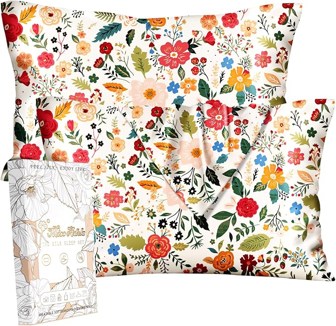 Silk Pillowcase 2 Pack - Pillow Cases 20" x 30" Queen Size Set of 2 for Hair and Skin Smooth Soft Breathable with Hidden Zipper Cooling Pillow Covers for Sleeping, Beige Floral