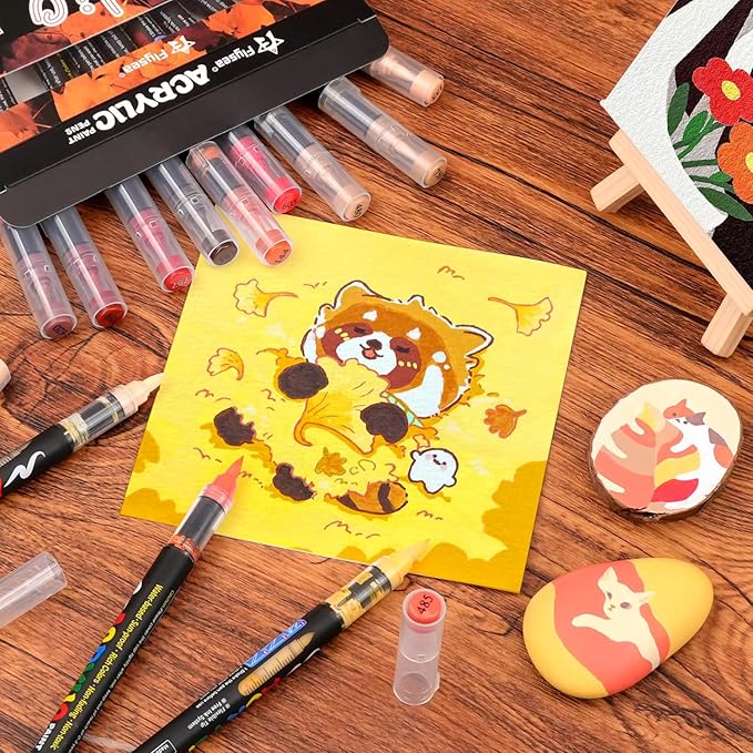 Paint Pens Acrylic Markers - 12 Warm Tone Brush Tip Water Based Marker Pens for Rock Painting, Wood, Ceramic, Glass, Acrylic Paint Markers for Egg Pumpkin