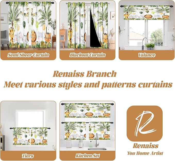 Renaiss 52 x 84 Inch Rainforest Safari Animal Curtains African Jungle Tropical Lions Tigers Elephants Giraffes Palm Trees Pattern Polyester Fabric Grommet Window Drapes for Nursery Bedroom 2 Panels