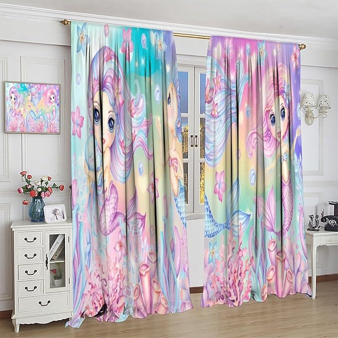 Cartoon Mermaid Kids Curtain Fantasy Ocean Theme Coral Flower Floral Window Treatment for Kids Girls Bedroom Nursery Room Decor Rod Pocket Blackout Window Drapes 42x54in