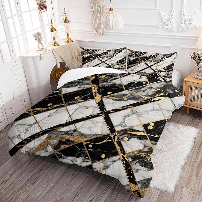 White Marble Comforter Set: Twin Size Geometric Black and Gold Bedding Sets Abstract Marbling Quilts for Teens Kids Modern Aesthetic Bed Set 1 Comforter & 1 Pillowcase