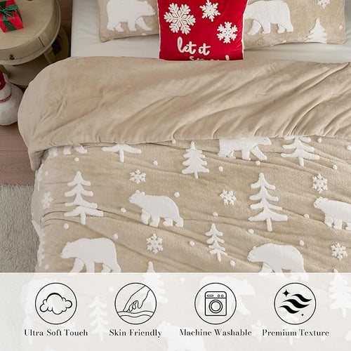 Amélie Home Christmas Comforter Set King, Fluffy Fleece Bedding Set with Polar Bear, Beige Plush Bedding Set for Winter, 3 Pieces, 1 Soft Comforter and 2 Pillow Shams