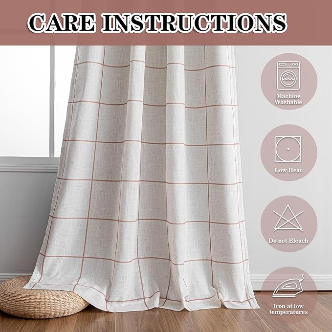 MYSKY HOME 100% Blackout Plaid Farmhouse Linen Curtains 84 Inch Long 2 Panels Set for Living Room Double Layer Checkered Drapes Thermal Insulated Privacy Protection Rod Pocket Back Tab, 52" W, Tan