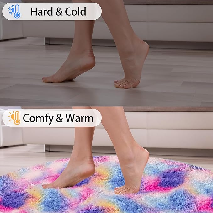 7 ft Large Fluffy Round Pink Rainbow Area Rugs for Girls Bedroom, Colorful Soft Shaggy Circular big Rug Plush Fluffy Circle Carpet Fuzzy for Nursery Baby Room Playroom Dorm LivingRoom Home Decor