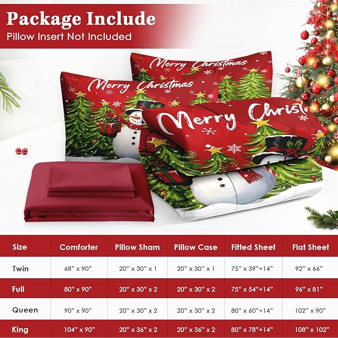 7 Pcs King Size Christmas Comforter Set with 2 Pillowcases & 2 Shams, Red Cartoon Snowman Bedding for Kids and Adults, Funny Xmas Pine Forest Bed in a Bag with Flat Fitted Sheet