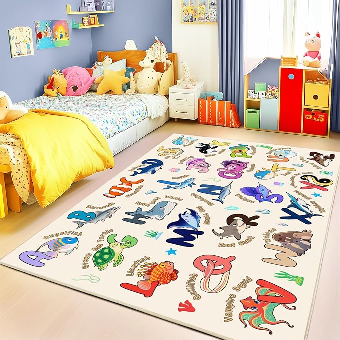 Kids Rugs for Playroom, 3x4 Feet Educational Rug for Learn The ABC Alphabet, Soft Machine Washable Non-Slip Cute Marine Organisms Carpet for Classroom Toddler Nursery Kids Room Decor, Beige