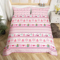 Christmas Comforter Cover Cartoon Santa Claus Snowman Bedding Set Pink Snowflake Christmas Tree Duvet Cover for Kids Boys Girls Microfiber Boho Stripes Bedspread Cover Room Decor Bedclothes King Size