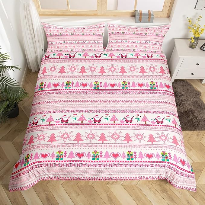 Christmas Comforter Cover Cartoon Santa Claus Snowman Bedding Set Pink Snowflake Christmas Tree Duvet Cover for Kids Boys Girls Microfiber Boho Stripes Bedspread Cover Room Decor Bedclothes Toddler