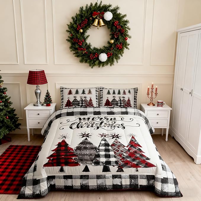 Christmas Trees Kids Comforter Set Full Size,Geometric Grids Ink Tie-dye Bedding,Girls Boys Adults Bedroom/Xmas Cabin Decor,Rustic Vintage Down Comforter,Black Grey Retro Duvet Insert,2 Pillowcases