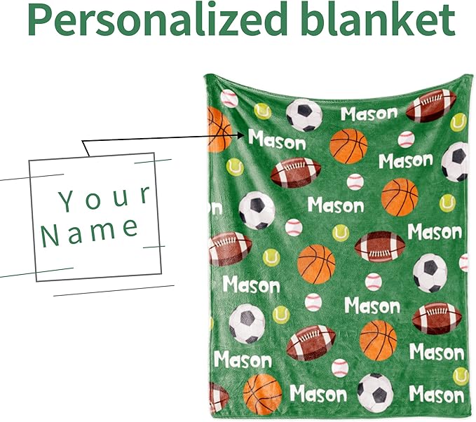 Personalized Ball Blanket with Name for Boys, Custom Name Blanket for Teen Ball, Soft Flannel Customized Gift for Birthday 50"x60"
